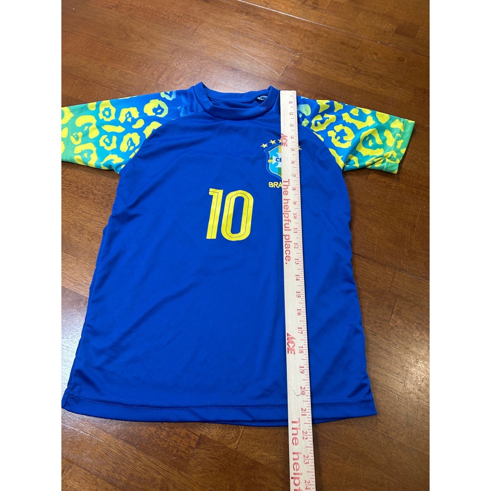 Brazil Soccer Jersey Youth 26 Blue Pele 10 Leopard Print Sleeves - Picture 6 of 11